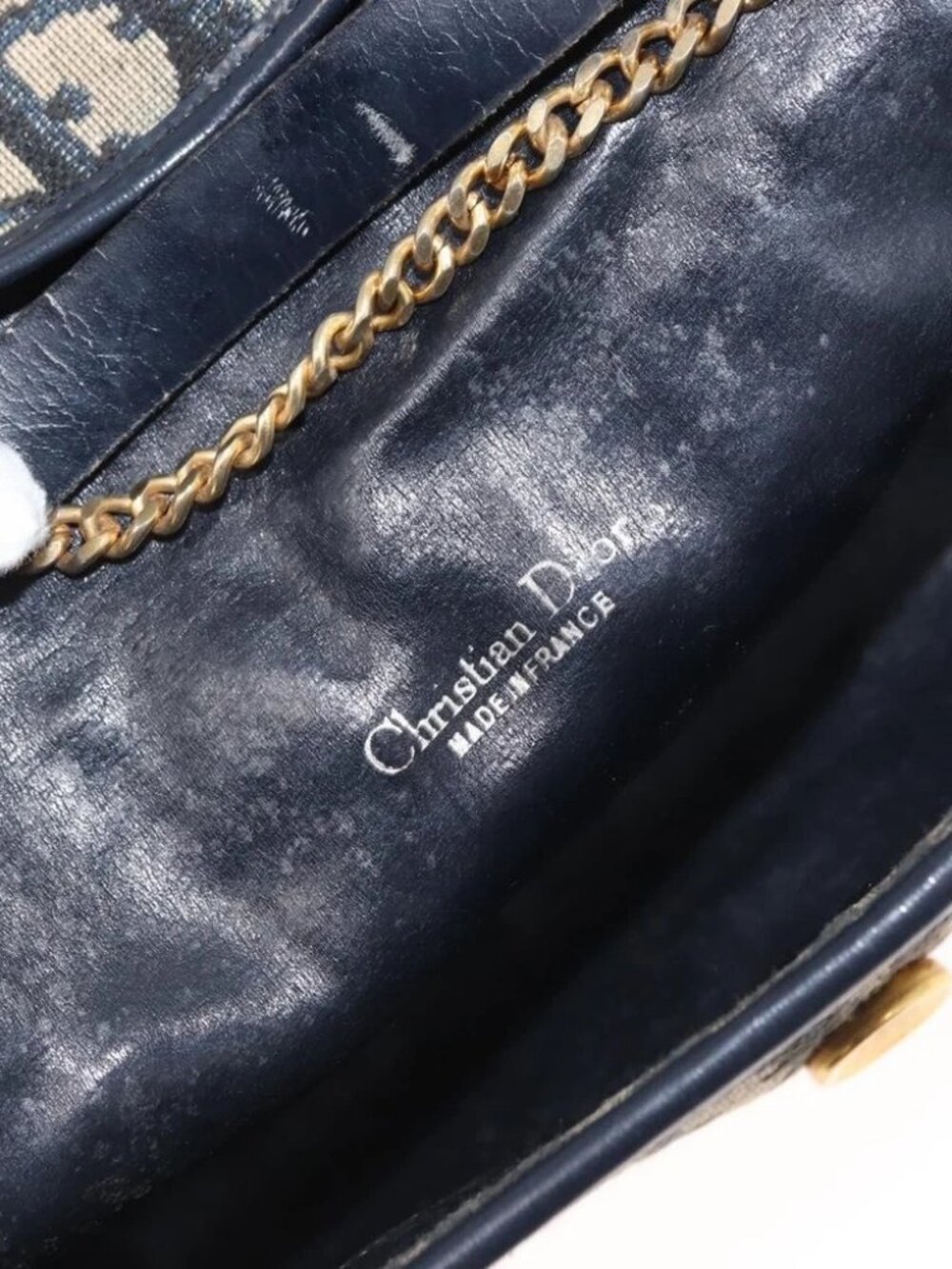 Christian Dior Trotter Canvas Chain Shoulder Bag Navy Gold Auth - Picture 15 of 16